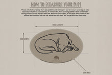 Load image into Gallery viewer, The image is a guide on how to measure a dog's length and width, with a simple illustration of a dog lying down.